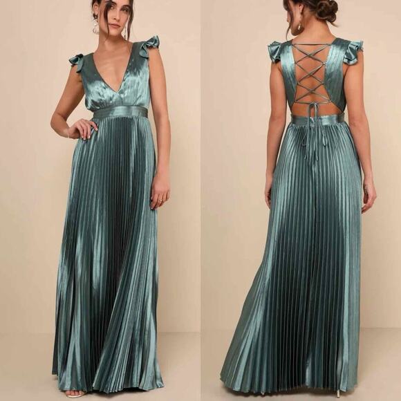 Lulus Exceptional Drama Sage Green Satin Lace-Up Pleated Maxi Dress - Picture 9 of 10